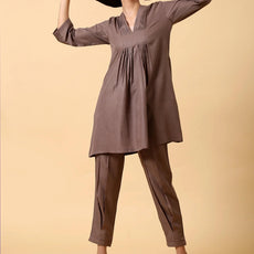 Rayon Slub Burnt Brown Pleated Co-Ord Set