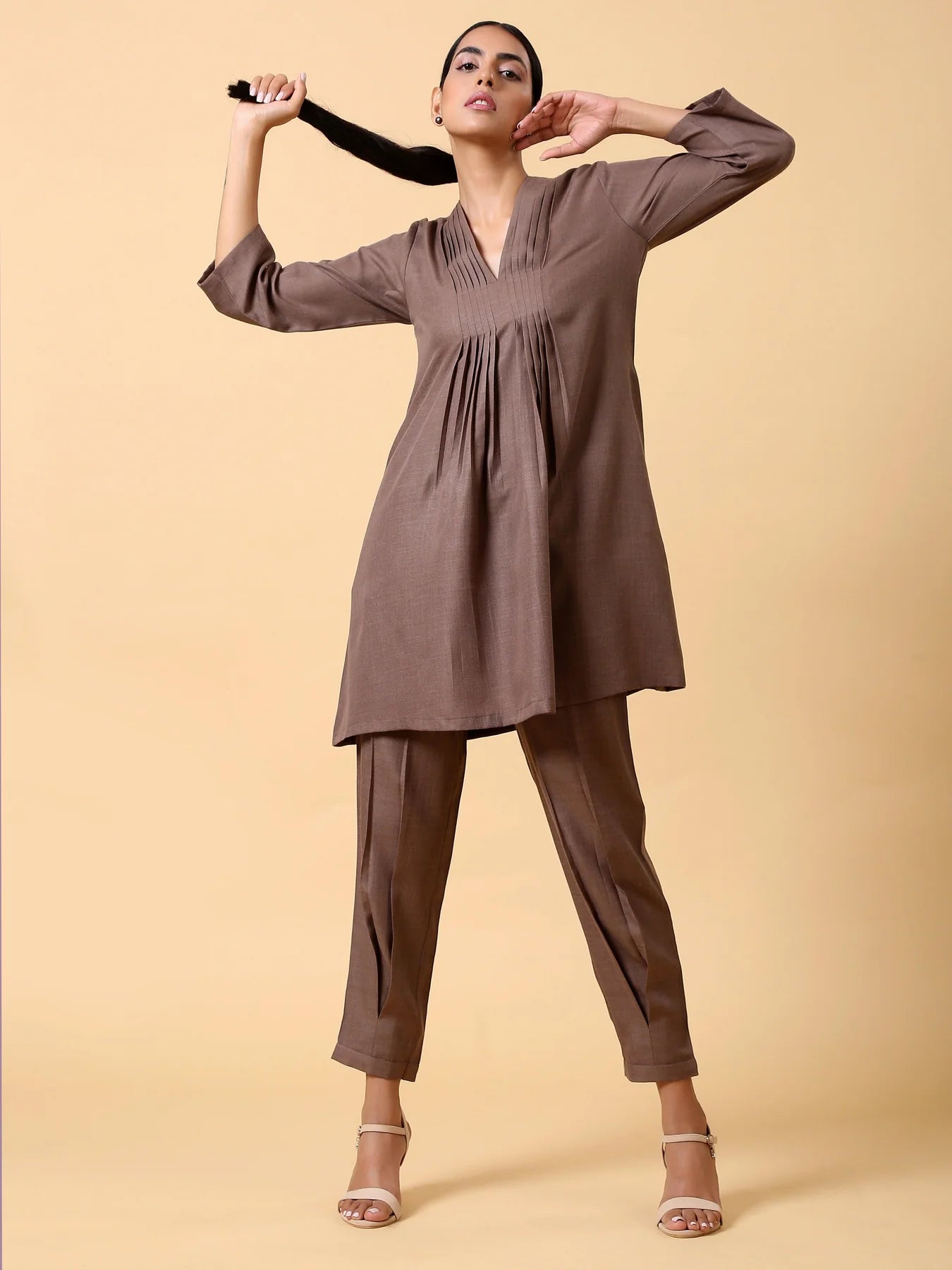 Rayon Slub Burnt Brown Pleated Co-Ord Set