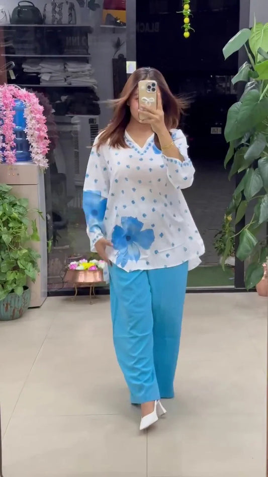 Ethnic Charm with Women’s Stylish Printed Blue Co-ord Set