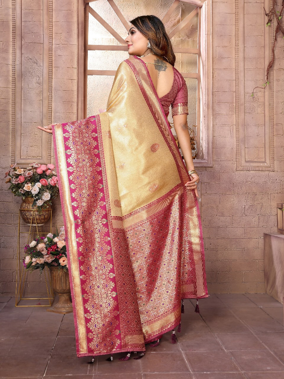 Premium Red Pure Banarasi Tissue Silk Saree with All-Over Weaving Butties