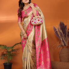 Pure Banarasi Beige & Pink Tissue Silk Saree with Paithani Border & Pallu