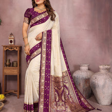 Pure Handloom Kalamkari Beigh & Purple Silk Saree with Zari Woven Border & Pallu