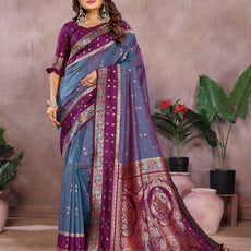 Pure Handloom Kalamkari Beigh & Purple Silk Saree with Zari Woven Border & Pallu