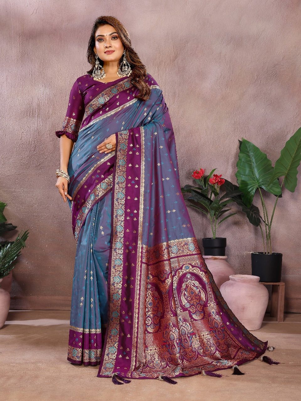 Pure Handloom Kalamkari Beigh & Purple Silk Saree with Zari Woven Border & Pallu