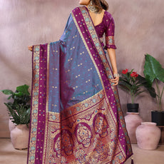 Pure Handloom Kalamkari Beigh & Purple Silk Saree with Zari Woven Border & Pallu