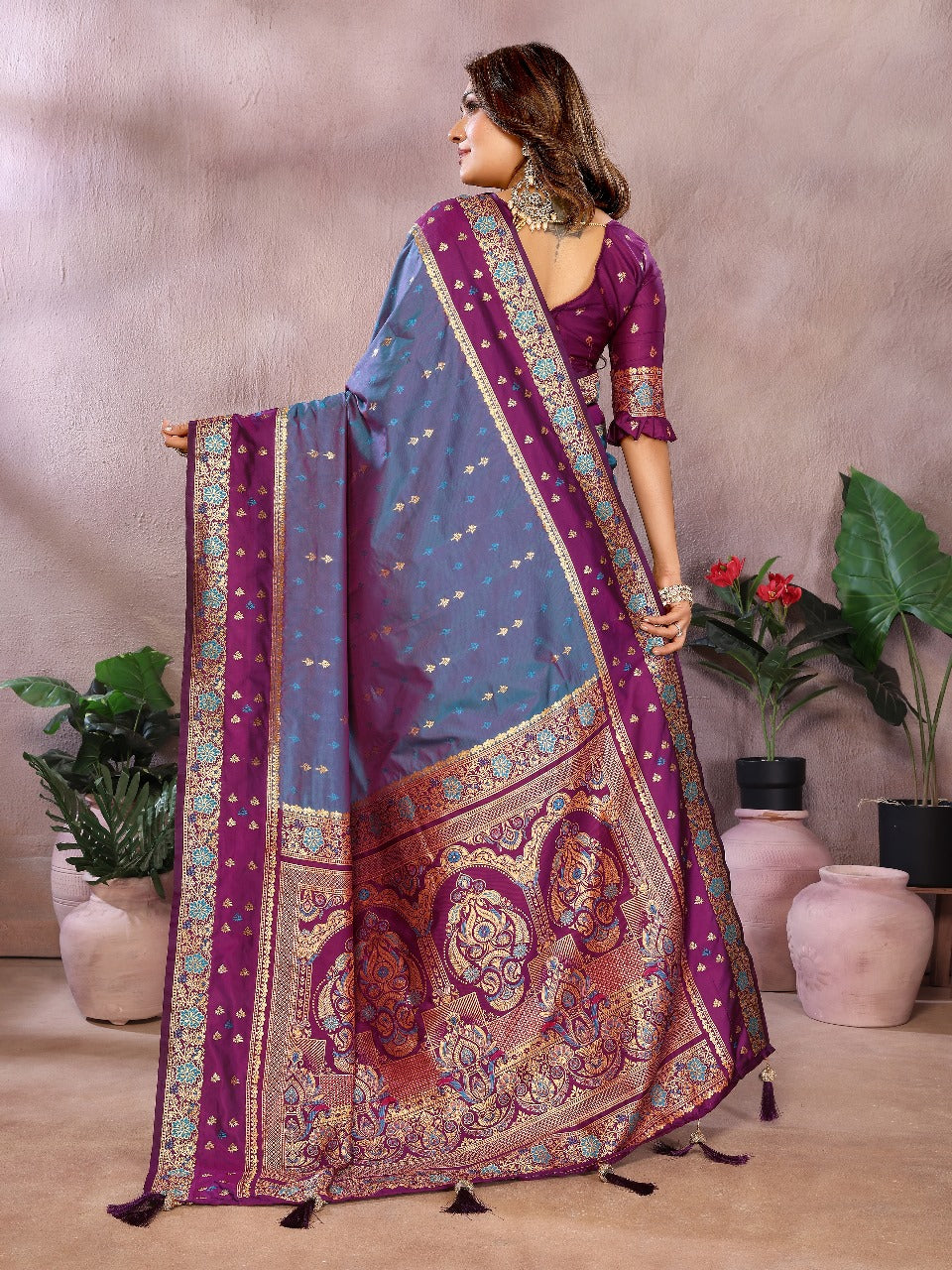 Pure Handloom Kalamkari Beigh & Purple Silk Saree with Zari Woven Border & Pallu