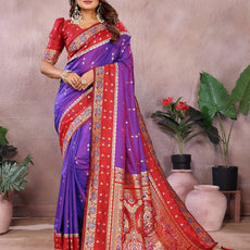 Pure Handloom Kalamkari Beigh & Purple Silk Saree with Zari Woven Border & Pallu