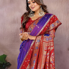 Pure Handloom Kalamkari Beigh & Purple Silk Saree with Zari Woven Border & Pallu