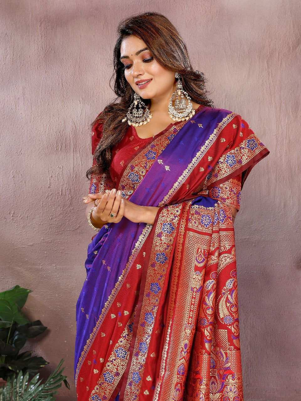Pure Handloom Kalamkari Beigh & Purple Silk Saree with Zari Woven Border & Pallu