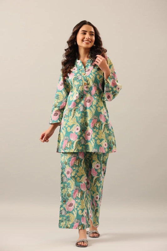 Women's Cotton Regular Fit Floral Printed Top and Plazzo Co-ord Set with Elegant Design