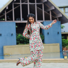 Floral Printed Mandarin Collar Top With Straight Trousers