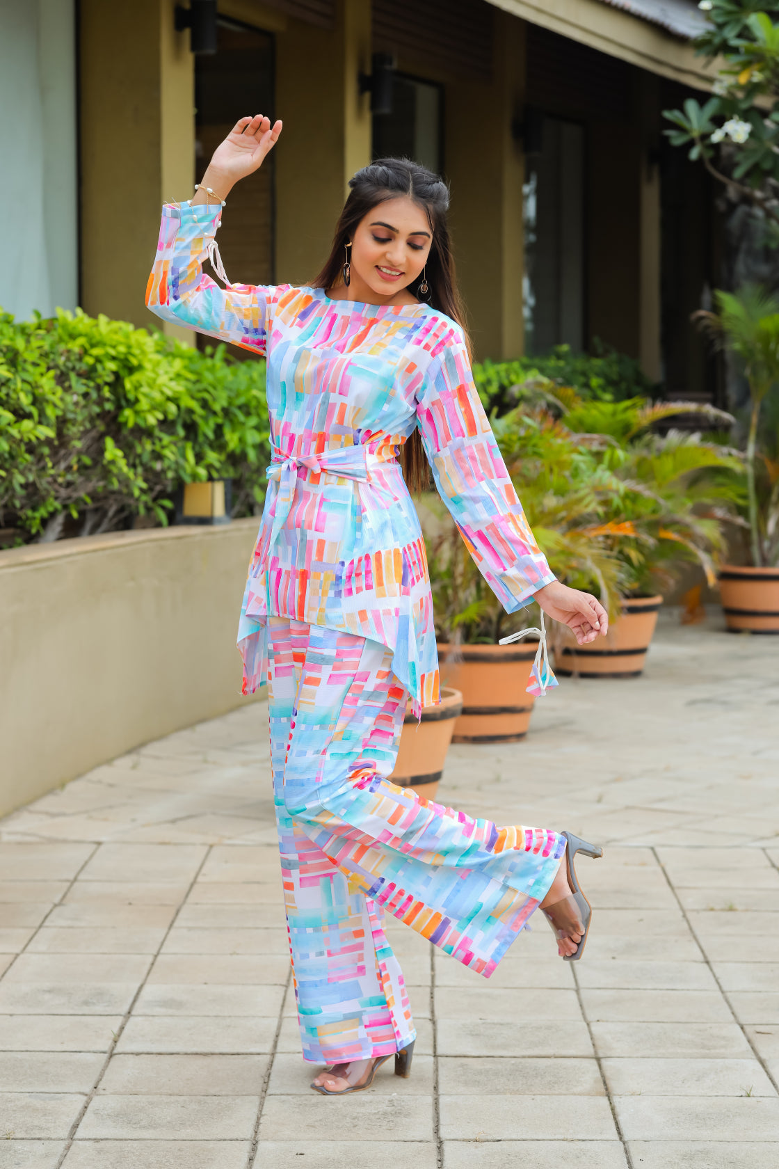 Geometric Printed Boat Neck Tunic & Trousers Cotton Co-Ords