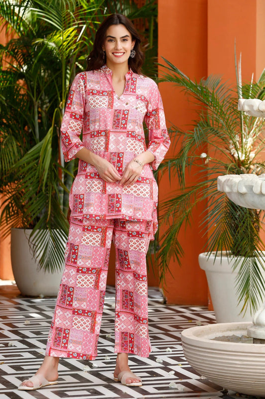 Women's Cotton Regular Fit Floral Printed Top and Plazzo Co-ord Set