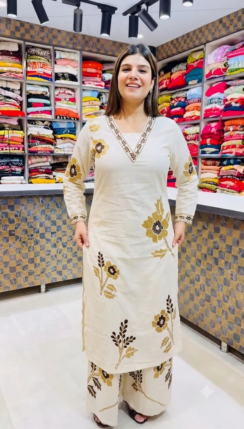 Elegant Off-white Pure Rayon cotton Floral Kurta Set with Matching Palazzo | V-Neck Ethnic Wear for Women