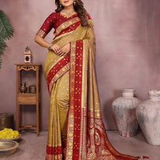 Pure Handloom Kalamkari Beigh & Purple Silk Saree with Zari Woven Border & Pallu