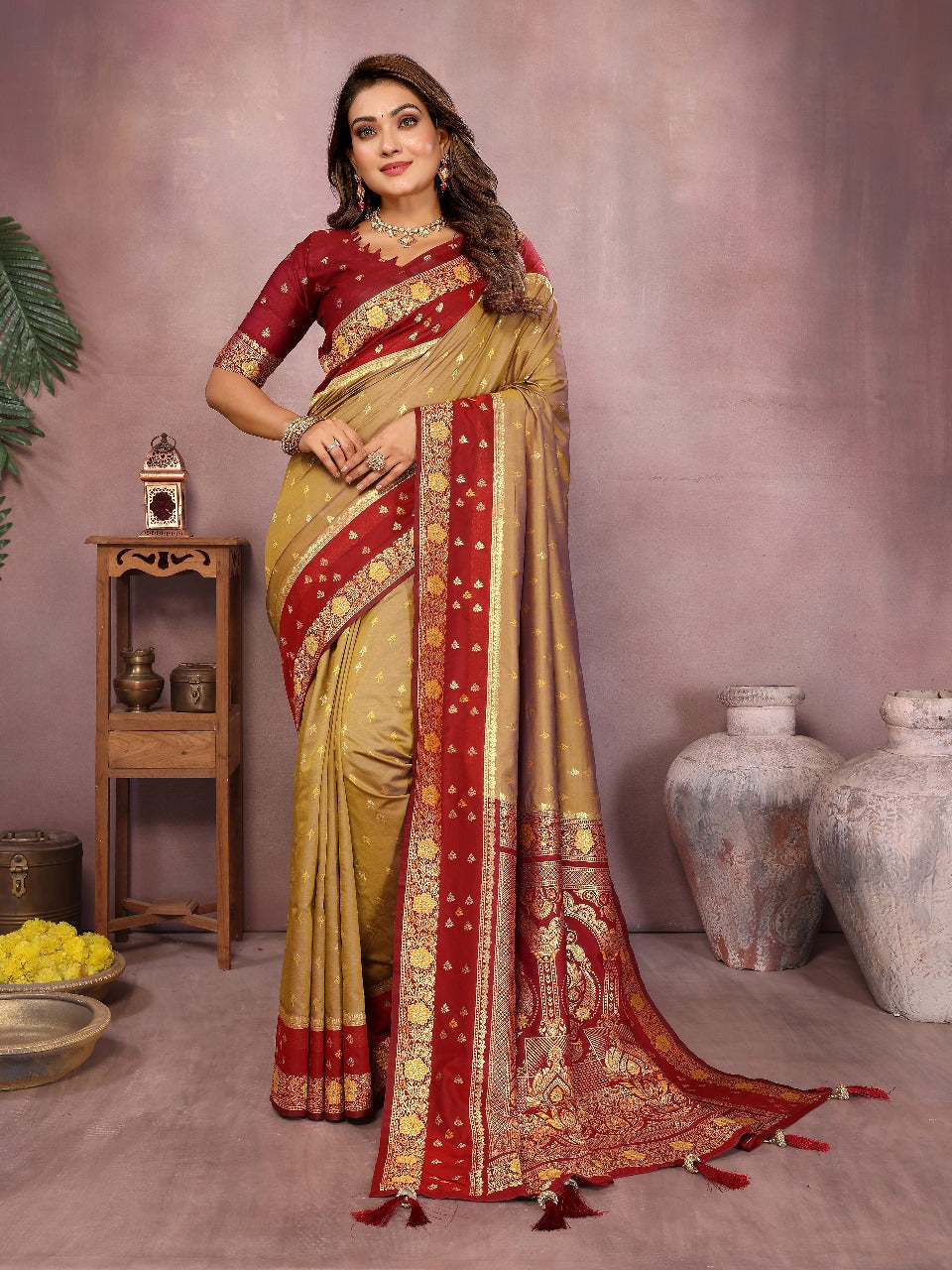 Pure Handloom Kalamkari Grey & Red Silk Saree with Zari Woven Border & Pallu