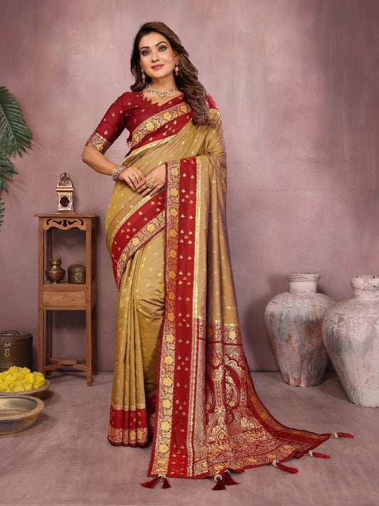 Pure Handloom Kalamkari Gold & Red Silk Saree with Zari Woven Border & Pallu