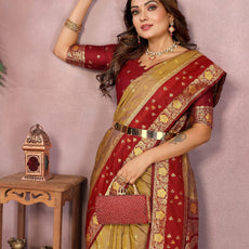 Pure Handloom Kalamkari Beigh & Purple Silk Saree with Zari Woven Border & Pallu