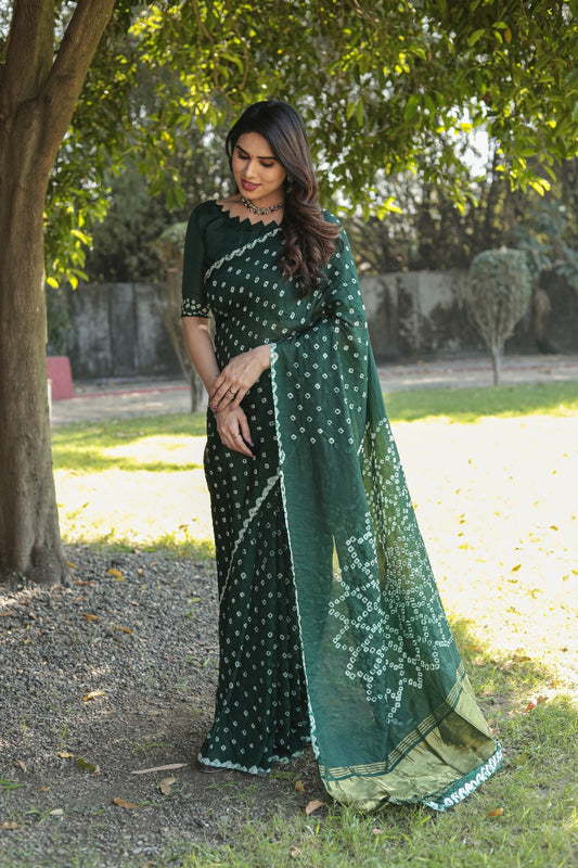 Pure Bandhej Green Silk Saree with Zari Border