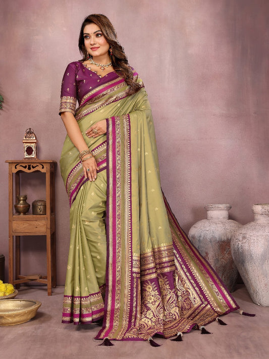 Pure Handloom Green & Purple Kalamkari Silk Saree with Zari Woven Border & Pallu