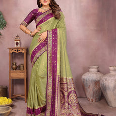 Pure Handloom Kalamkari Beigh & Purple Silk Saree with Zari Woven Border & Pallu