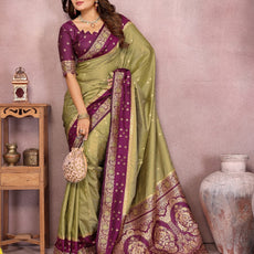 Pure Handloom Kalamkari Beigh & Purple Silk Saree with Zari Woven Border & Pallu