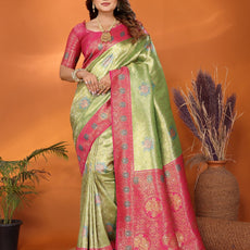 Pure Banarasi Beige & Pink Tissue Silk Saree with Paithani Border & Pallu