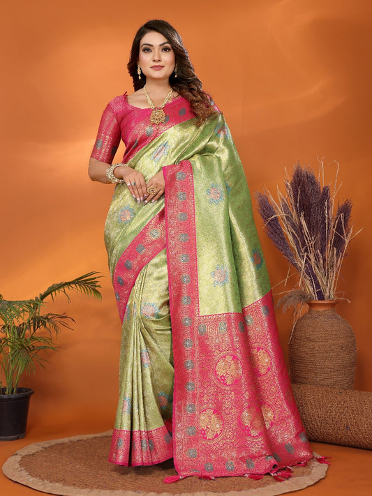 Pure Banarasi Green & Red Tissue Silk Saree with Paithani Border & Pallu