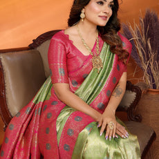 Pure Banarasi Beige & Pink Tissue Silk Saree with Paithani Border & Pallu