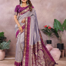Pure Handloom Kalamkari Beigh & Purple Silk Saree with Zari Woven Border & Pallu