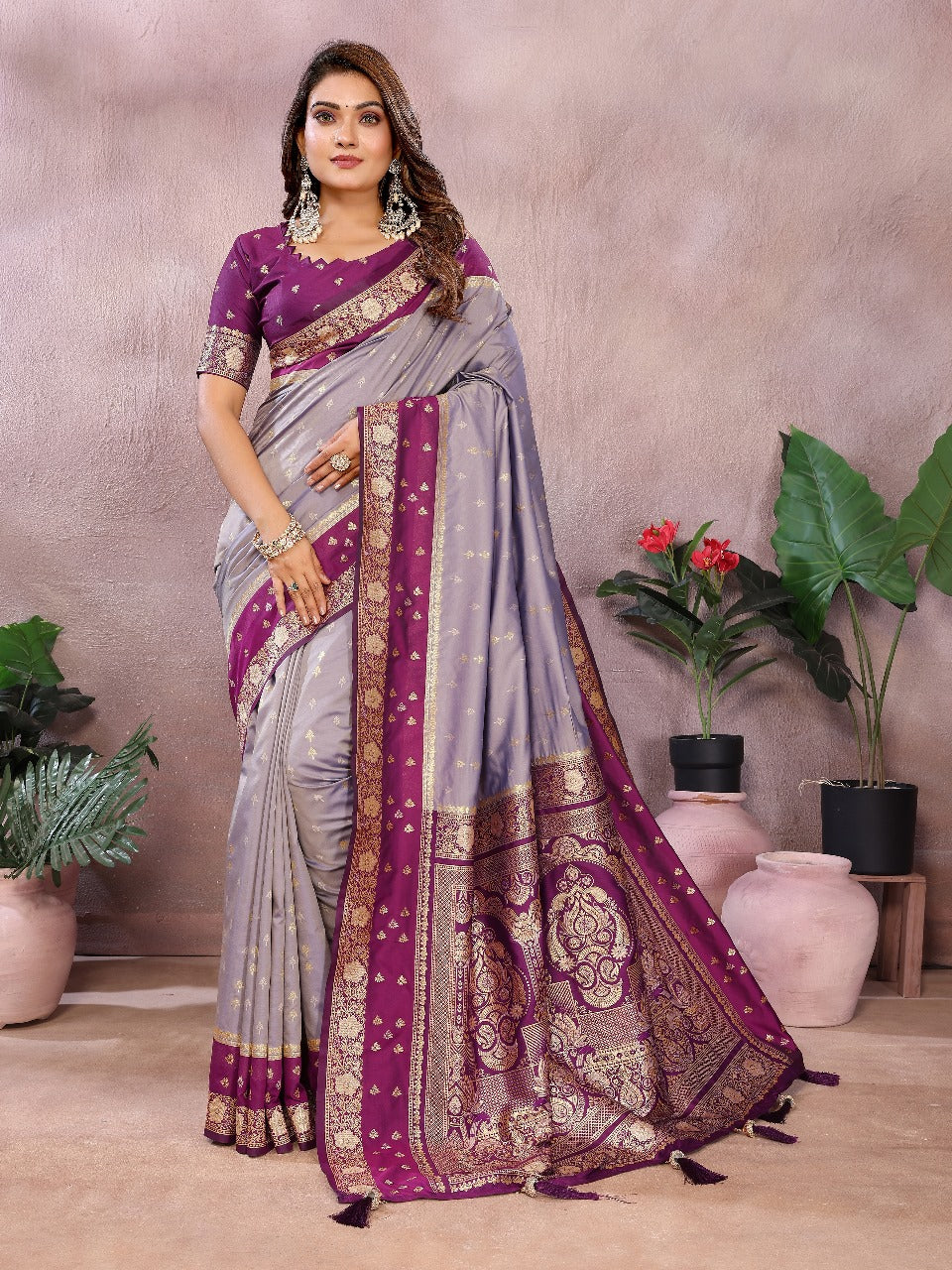 Pure Handloom Kalamkari Beigh & Purple Silk Saree with Zari Woven Border & Pallu
