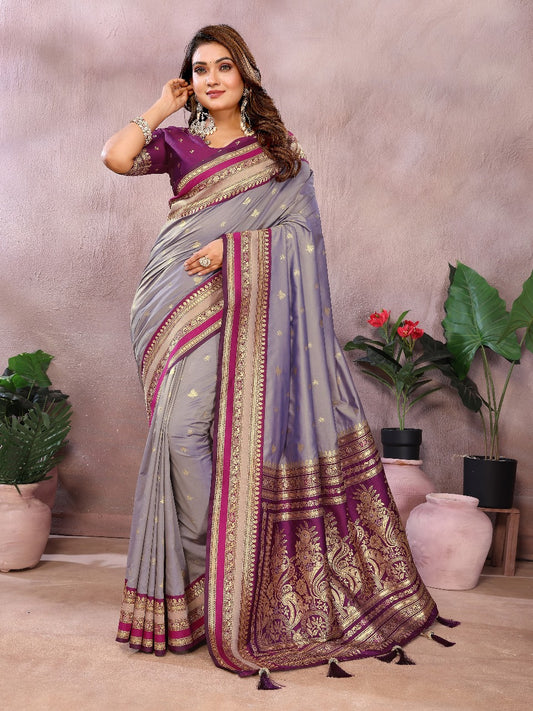 Pure Handloom Gray & Purple Kalamkari Silk Saree with Zari Woven Border & Pallu