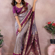 Pure Handloom Kalamkari Beigh & Purple Silk Saree with Zari Woven Border & Pallu