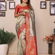 Pure Banarasi Beige & Pink Tissue Silk Saree with Paithani Border & Pallu