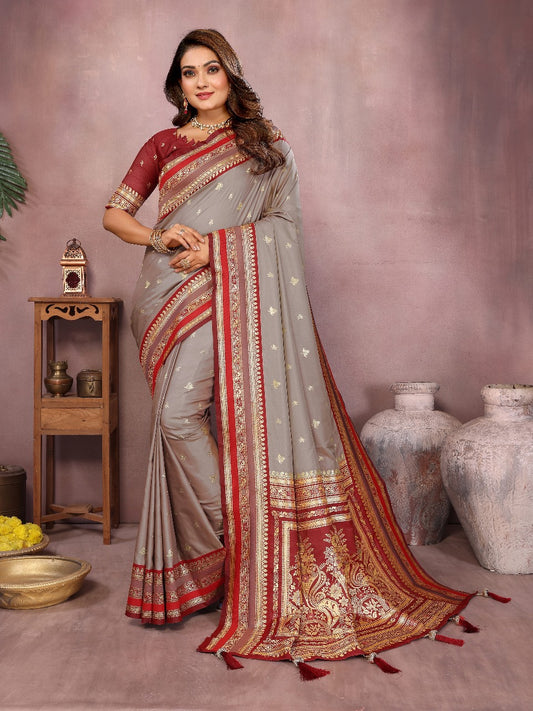 Pure Handloom Gray & Red Kalamkari Silk Saree with Zari Woven Border & Pallu