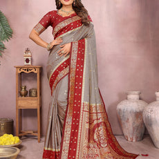Pure Handloom Kalamkari Grey & Red Silk Saree with Zari Woven Border & Pallu