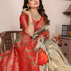 Pure Banarasi Beige & Pink Tissue Silk Saree with Paithani Border & Pallu