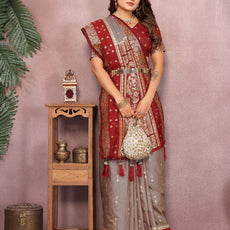 Pure Handloom Kalamkari Grey & Red Silk Saree with Zari Woven Border & Pallu