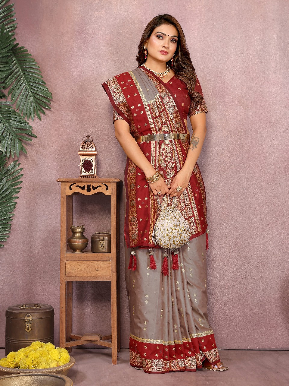 Pure Handloom Kalamkari Grey & Red Silk Saree with Zari Woven Border & Pallu