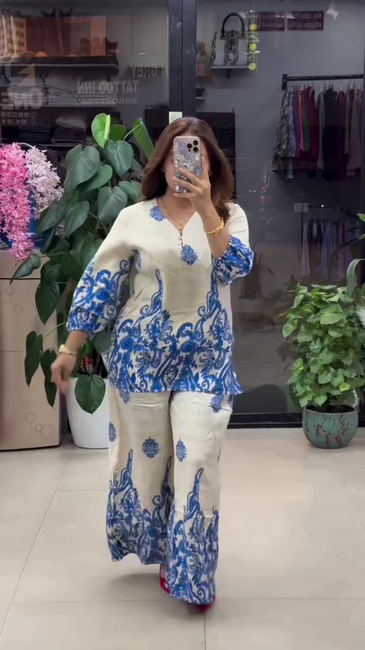 Women Stylish Blue Printed Co-ord Set