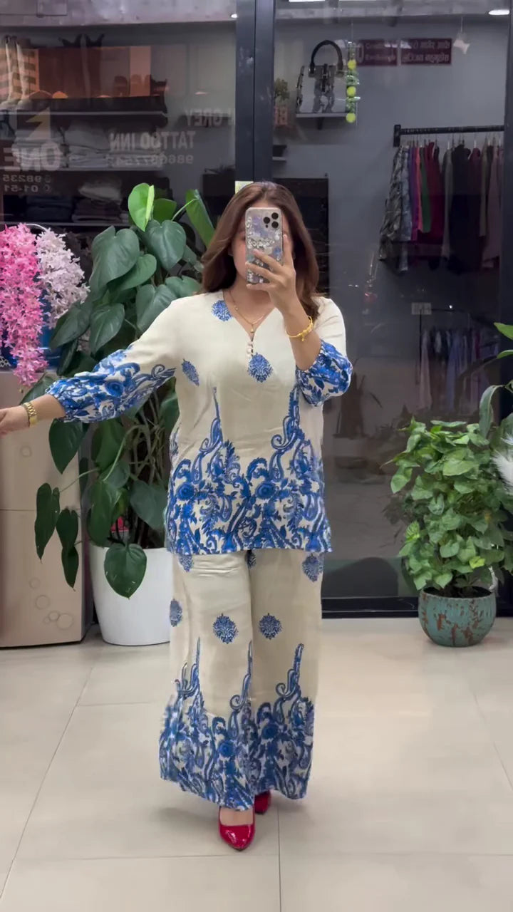 Women Stylish Blue Printed Co-ord Set