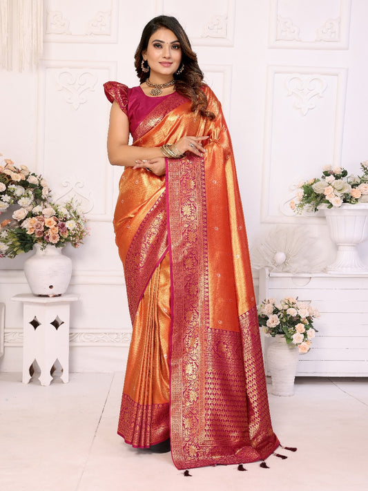 Pure Banarasi Orange Tissue Silk Saree with Butti Weaving