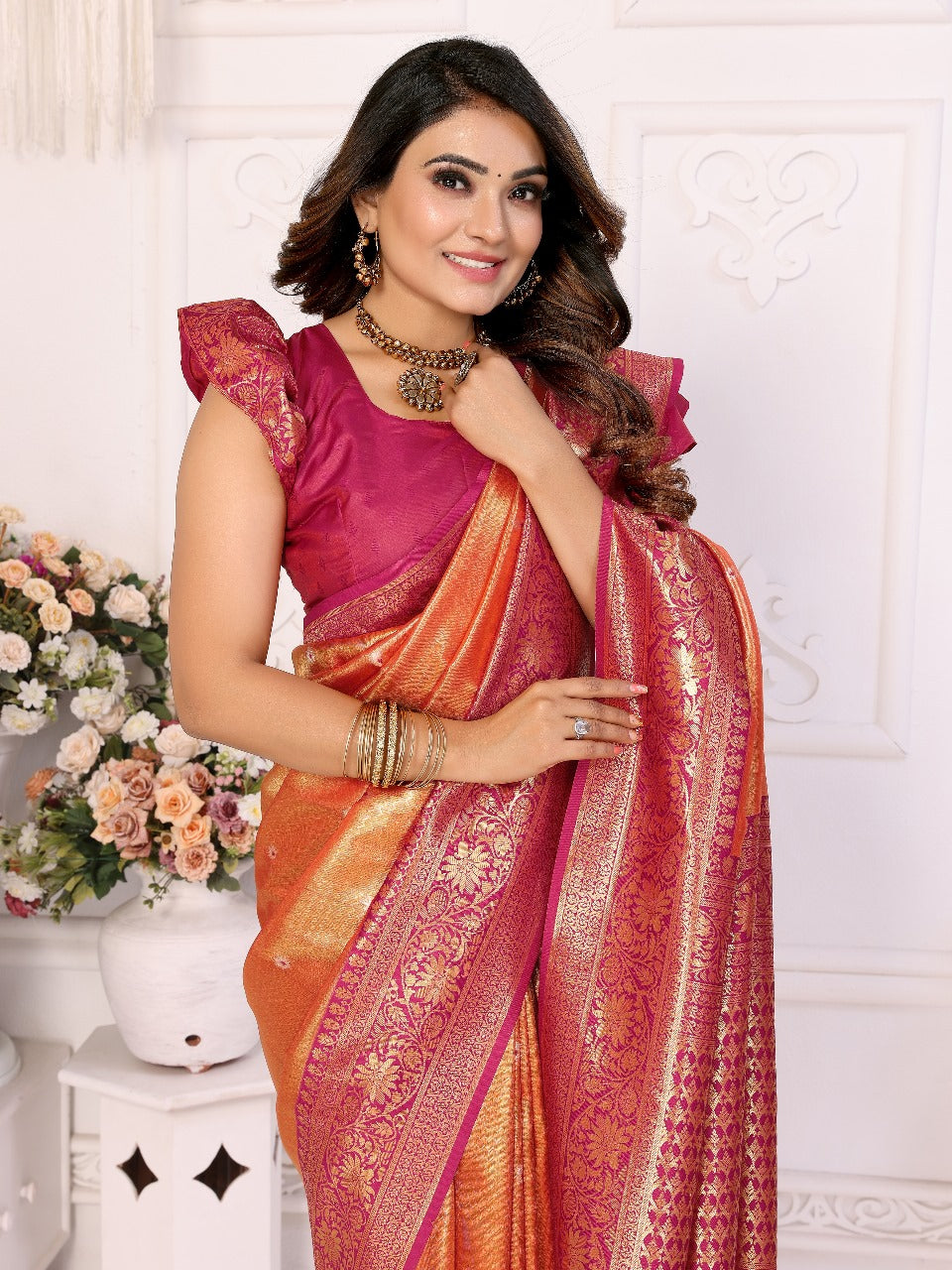 Pure Banarasi Red Tissue Silk Saree with Butti Weaving