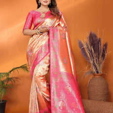 Pure Banarasi Beige & Pink Tissue Silk Saree with Paithani Border & Pallu