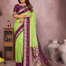 Pure Handloom Kalamkari Beigh & Purple Silk Saree with Zari Woven Border & Pallu