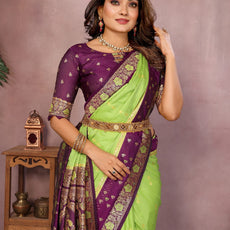 Pure Handloom Kalamkari Beigh & Purple Silk Saree with Zari Woven Border & Pallu