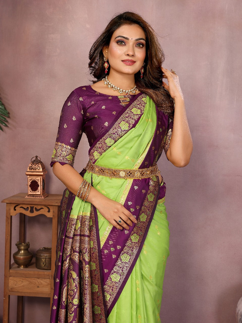 Pure Handloom Kalamkari Beigh & Purple Silk Saree with Zari Woven Border & Pallu