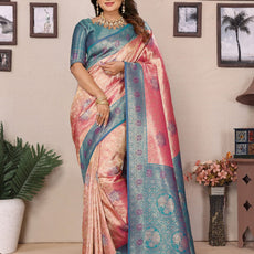 Pure Banarasi Beige & Pink Tissue Silk Saree with Paithani Border & Pallu