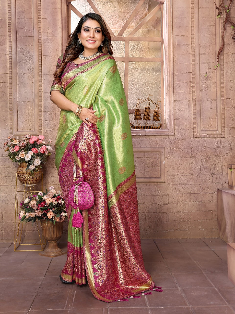 Premium Red Pure Banarasi Tissue Silk Saree with All-Over Weaving Butties