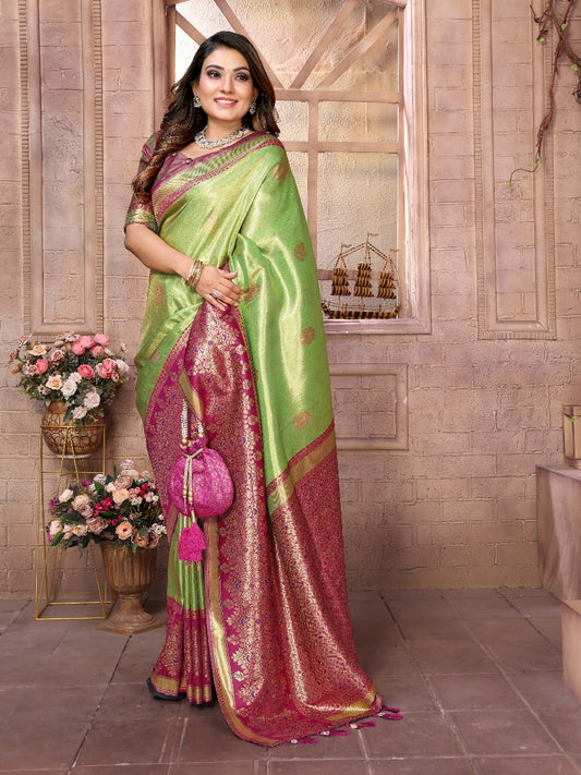 Premium Parrot Green Pure Banarasi Tissue Silk Saree with All-Over Weaving Butties